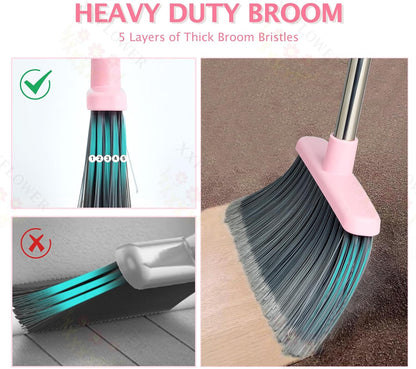 Broom and Dustpan Combo Set,51" Long Handle,Gray Pink