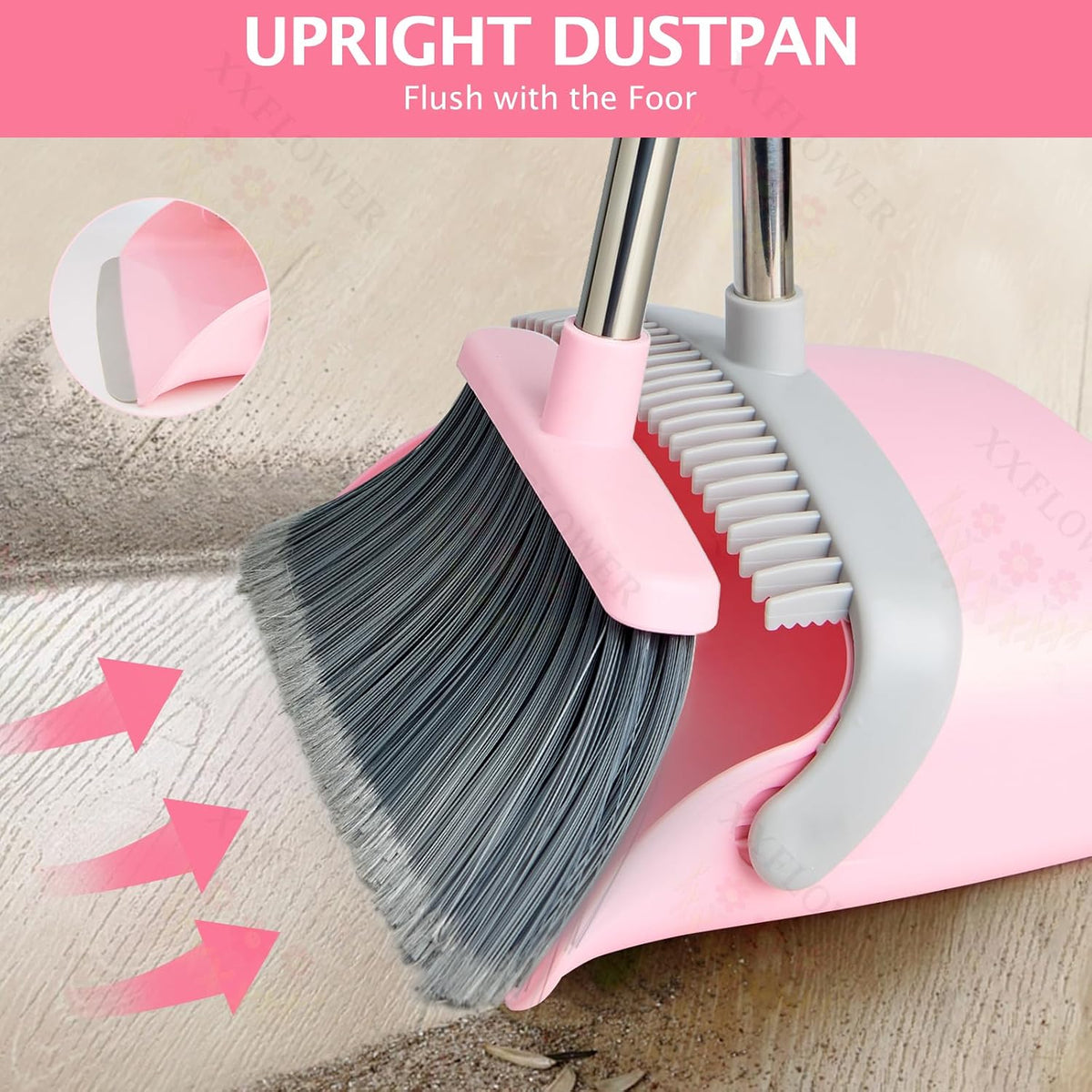 Broom and Dustpan Combo Set,51" Long Handle,Gray Pink