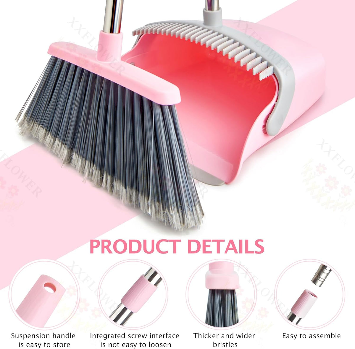 Broom and Dustpan Combo Set,51" Long Handle,Gray Pink
