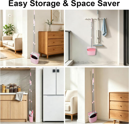 Broom and Dustpan Combo Set,51" Long Handle,Gray Pink