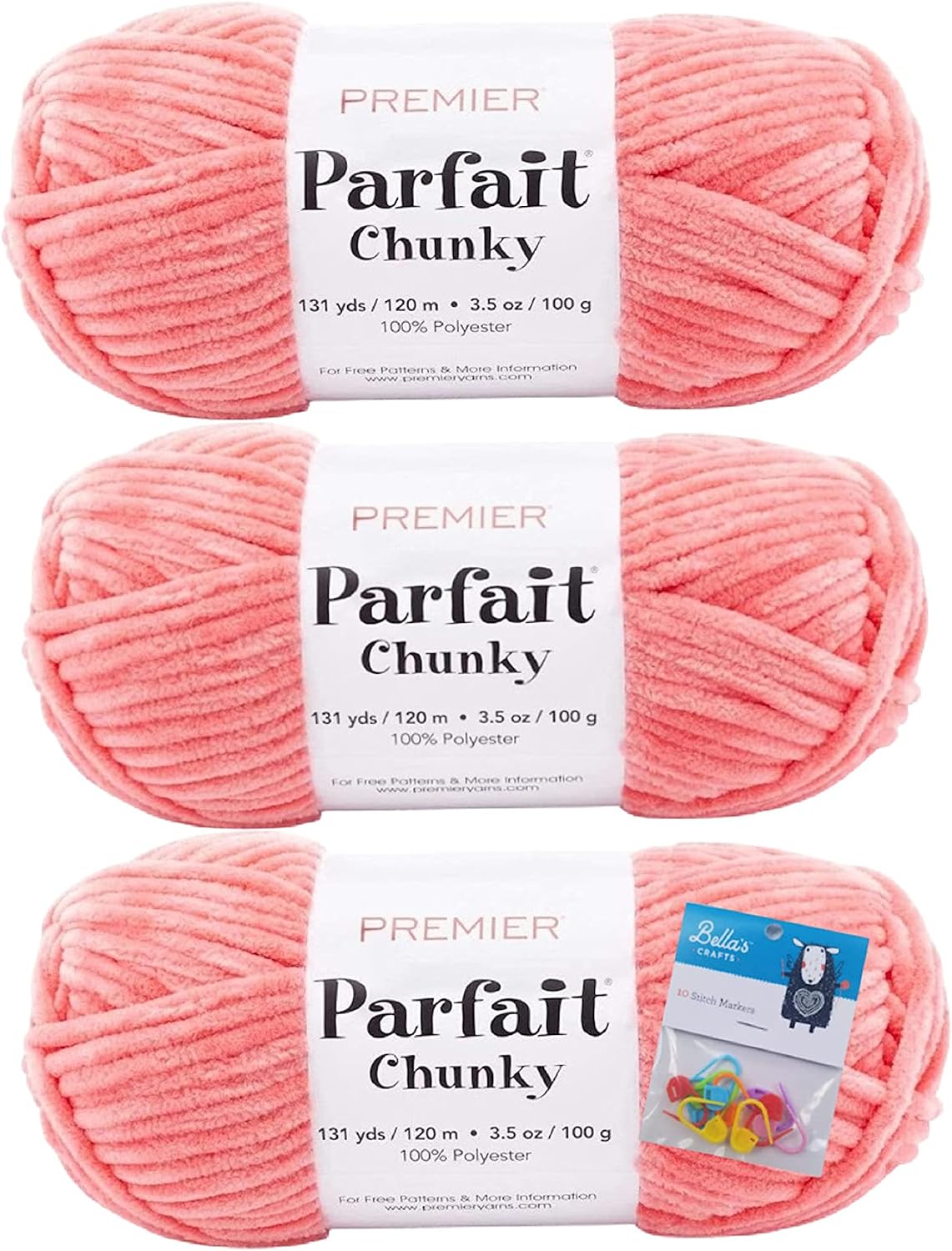 Premier Parfait Chunky Chenille Yarn 3 Pk Bundle with Markers (Coral)