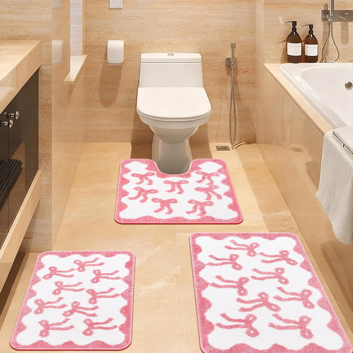 3 Pcs Pink Bow Bathroom Rugs Coquette Cute Bath Mat Bathroom Decor