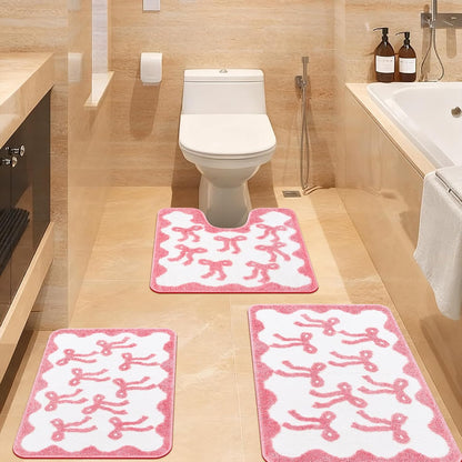 3 Pcs Pink Bow Bathroom Rugs Coquette Cute Bath Mat Bathroom Decor