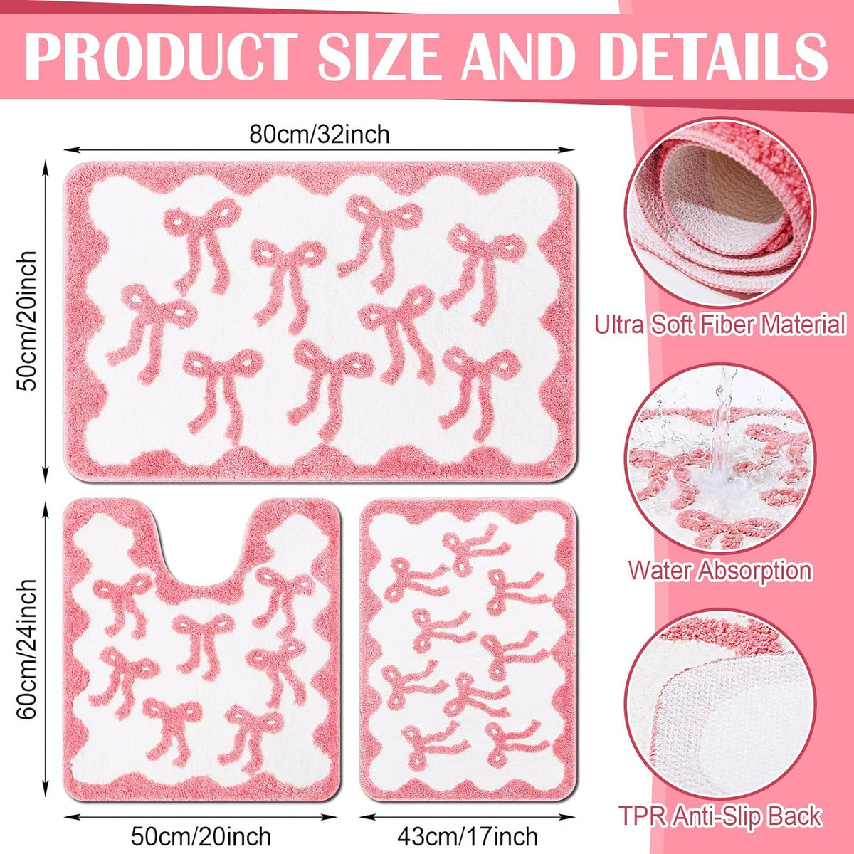 3 Pcs Pink Bow Bathroom Rugs Coquette Cute Bath Mat Bathroom Decor