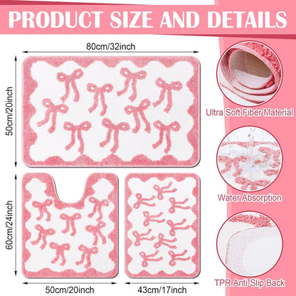 3 Pcs Pink Bow Bathroom Rugs Coquette Cute Bath Mat Bathroom Decor