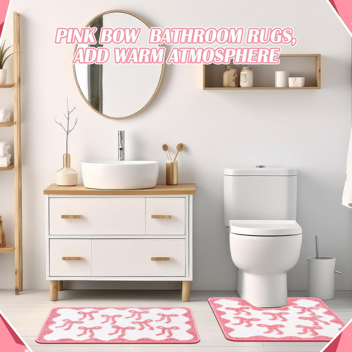 3 Pcs Pink Bow Bathroom Rugs Coquette Cute Bath Mat Bathroom Decor