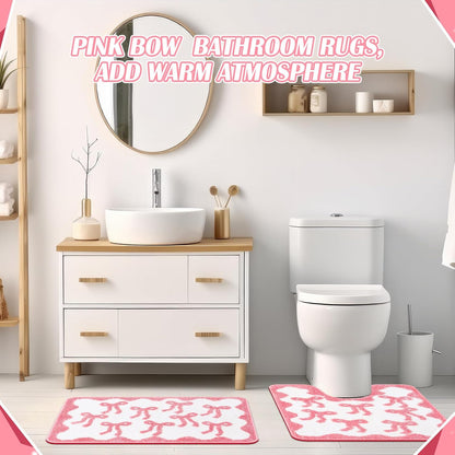 3 Pcs Pink Bow Bathroom Rugs Coquette Cute Bath Mat Bathroom Decor