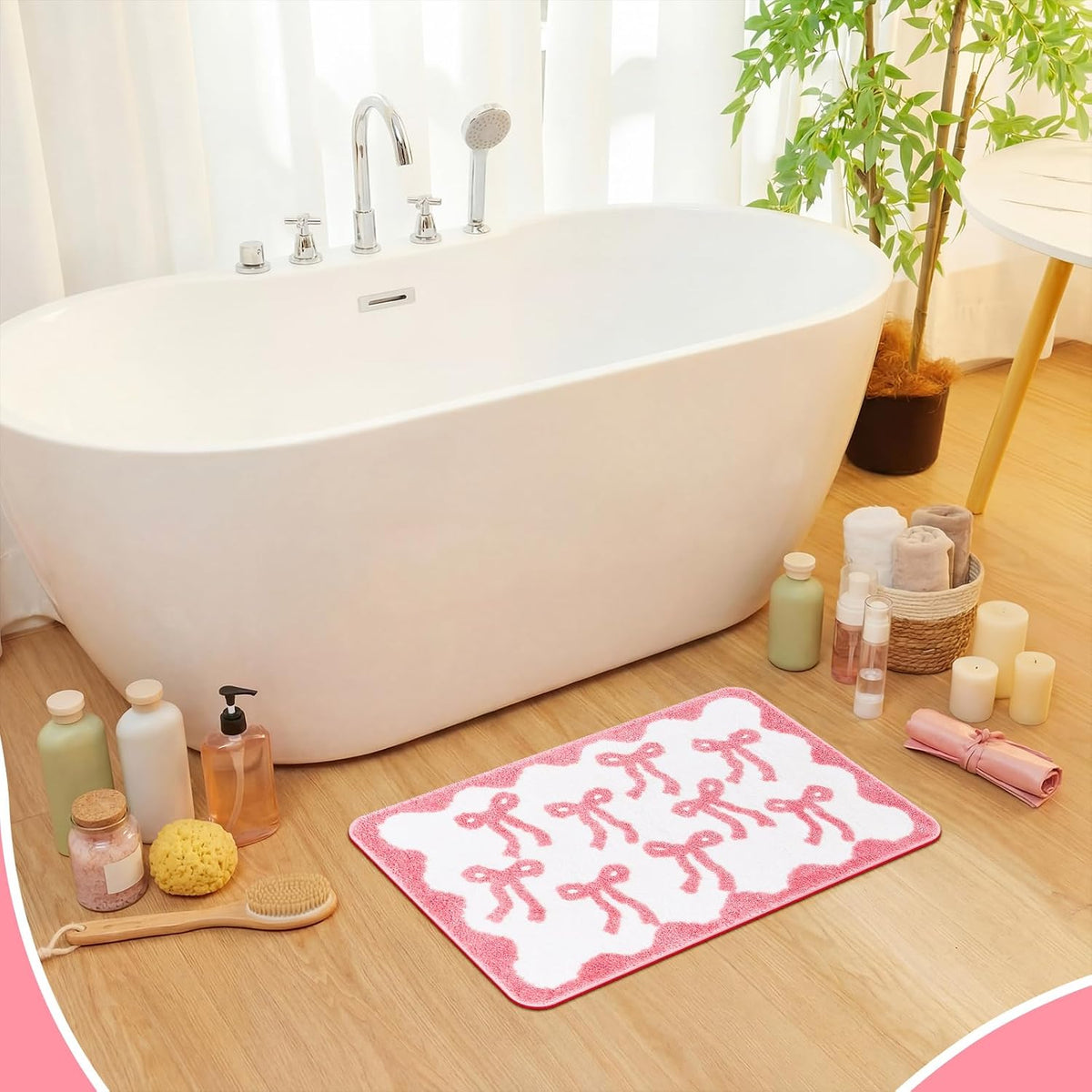 3 Pcs Pink Bow Bathroom Rugs Coquette Cute Bath Mat Bathroom Decor