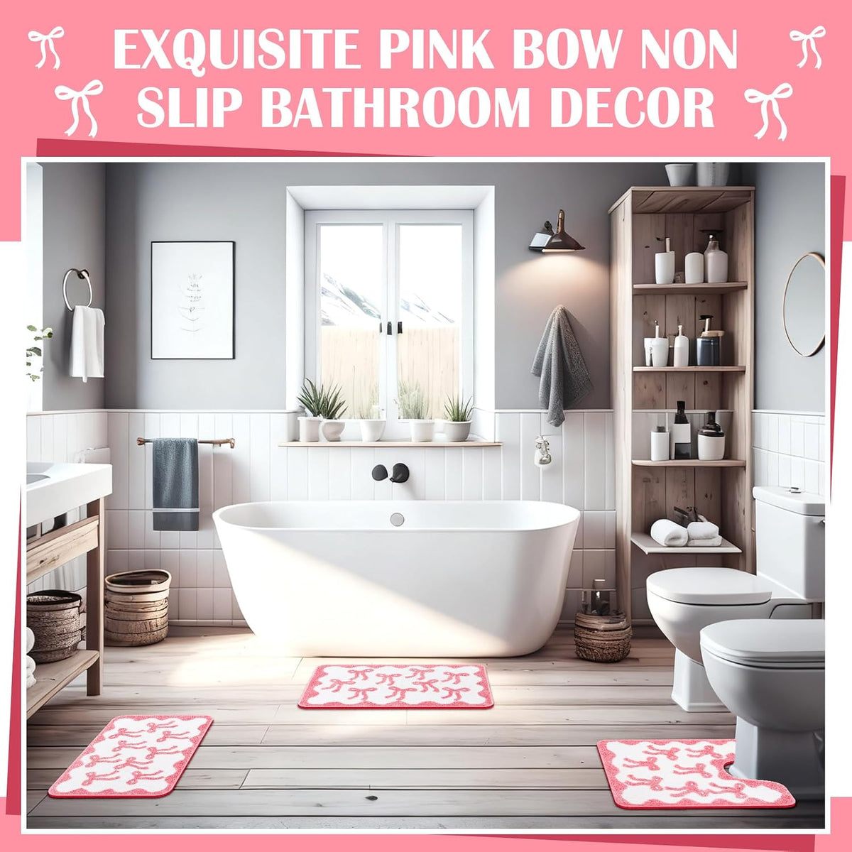 3 Pcs Pink Bow Bathroom Rugs Coquette Cute Bath Mat Bathroom Decor
