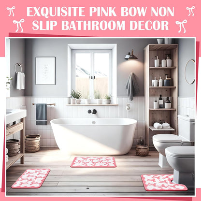 3 Pcs Pink Bow Bathroom Rugs Coquette Cute Bath Mat Bathroom Decor
