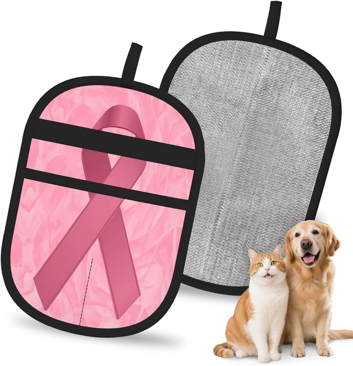 Breast Cancer Survivor Awareness Pink Ribbon Pet Hair Removal Glove Dogs Hair Remover Glove Cats Fur Removal Tool with Hanging Loop for Couch 6.7X9.5 in