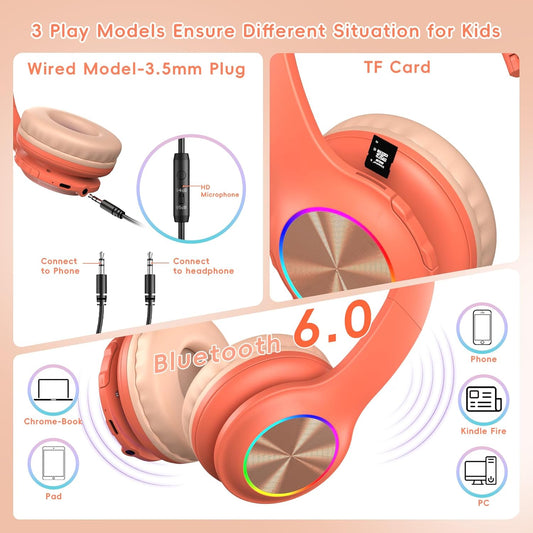 Kids Bluetooth 6.0 Headphones, LED Light, 85Hours Playtime