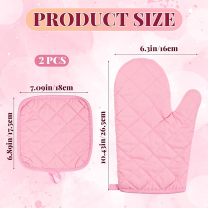Oven Mitts and Pot Holders Sets, 2 Pcs Heat Resistant 500 °F, Extra Thicken Long Kitchen Cotton Oven Mitt Pot Holder for Cooking Baking Grilling (Pink)