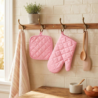 Oven Mitts and Pot Holders Sets, 2 Pcs Heat Resistant 500 °F, Extra Thicken Long Kitchen Cotton Oven Mitt Pot Holder for Cooking Baking Grilling (Pink)