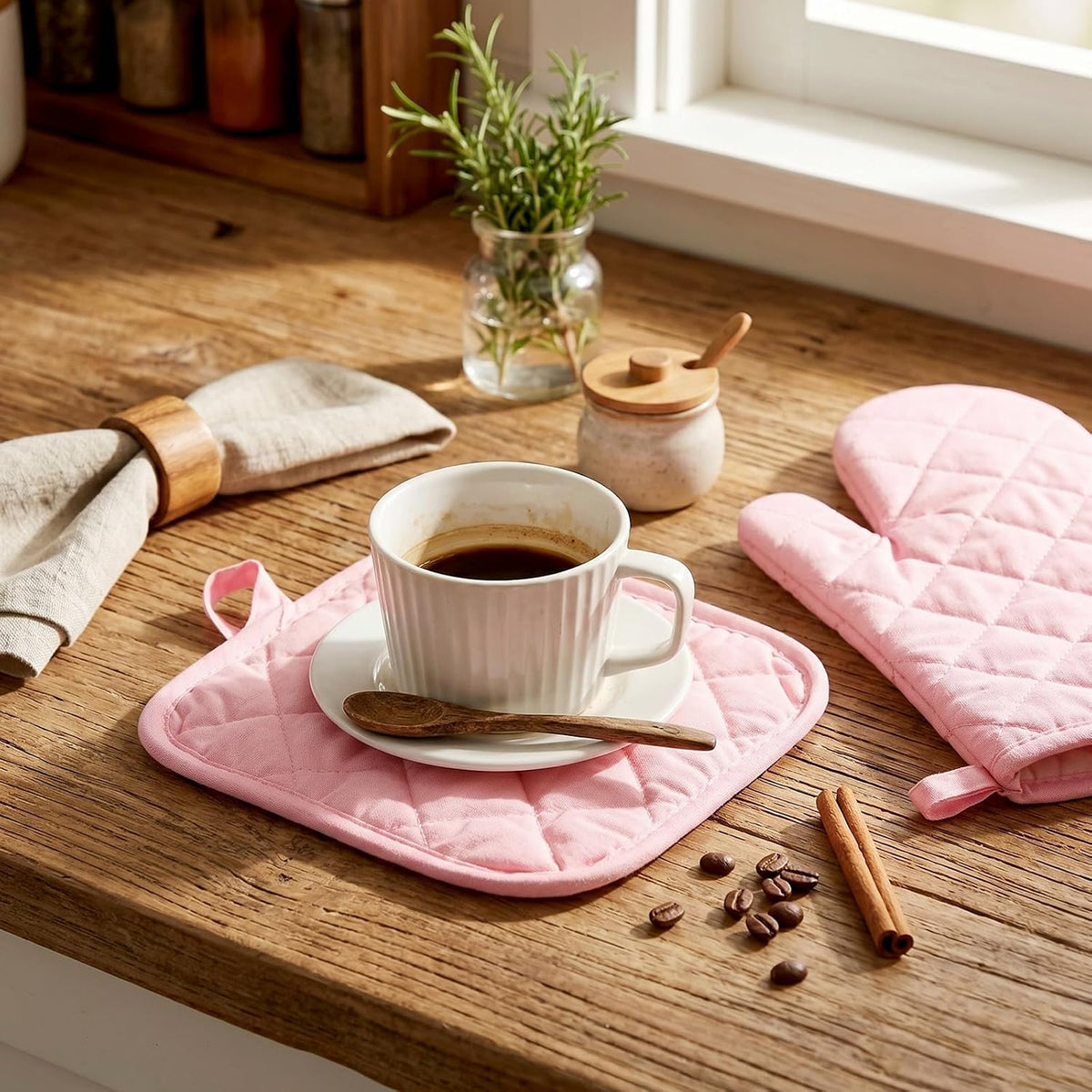 Oven Mitts and Pot Holders Sets, 2 Pcs Heat Resistant 500 °F, Extra Thicken Long Kitchen Cotton Oven Mitt Pot Holder for Cooking Baking Grilling (Pink)