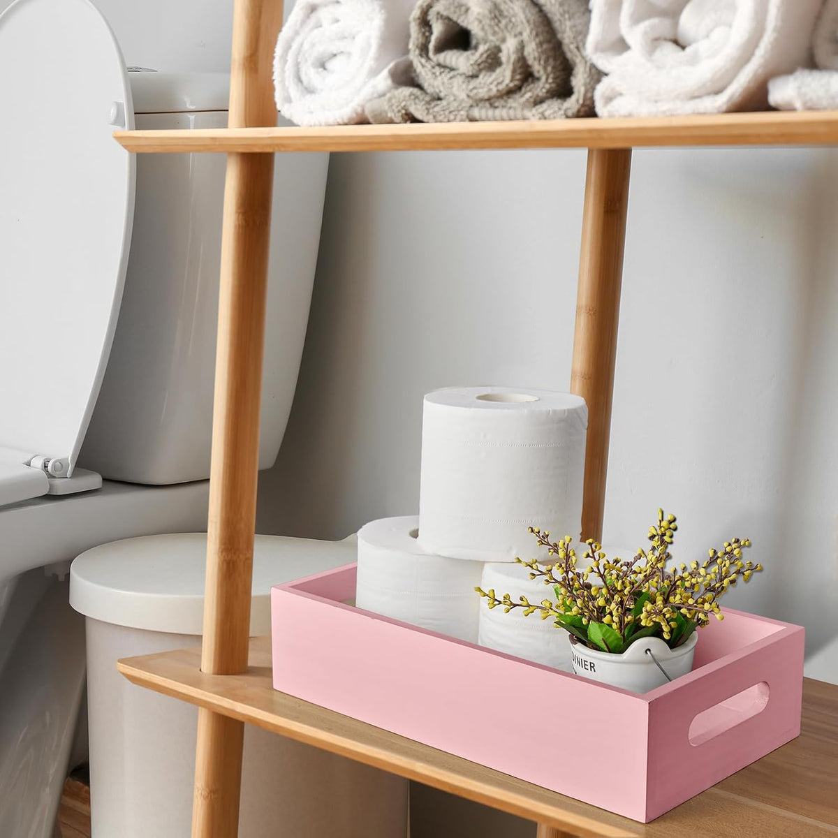 Pink Bathroom Basket for Organizing - Wooden Toilet Tank Paper Basket with Handle for Back of Toilet Tank Top Organizer - Pink Kitchen Bathroom Decor Accessories