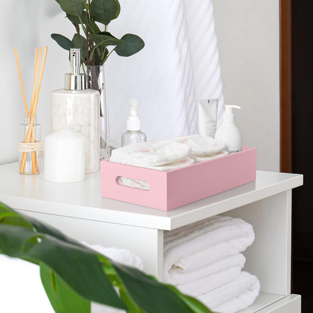 Pink Bathroom Basket for Organizing - Wooden Toilet Tank Paper Basket with Handle for Back of Toilet Tank Top Organizer - Pink Kitchen Bathroom Decor Accessories