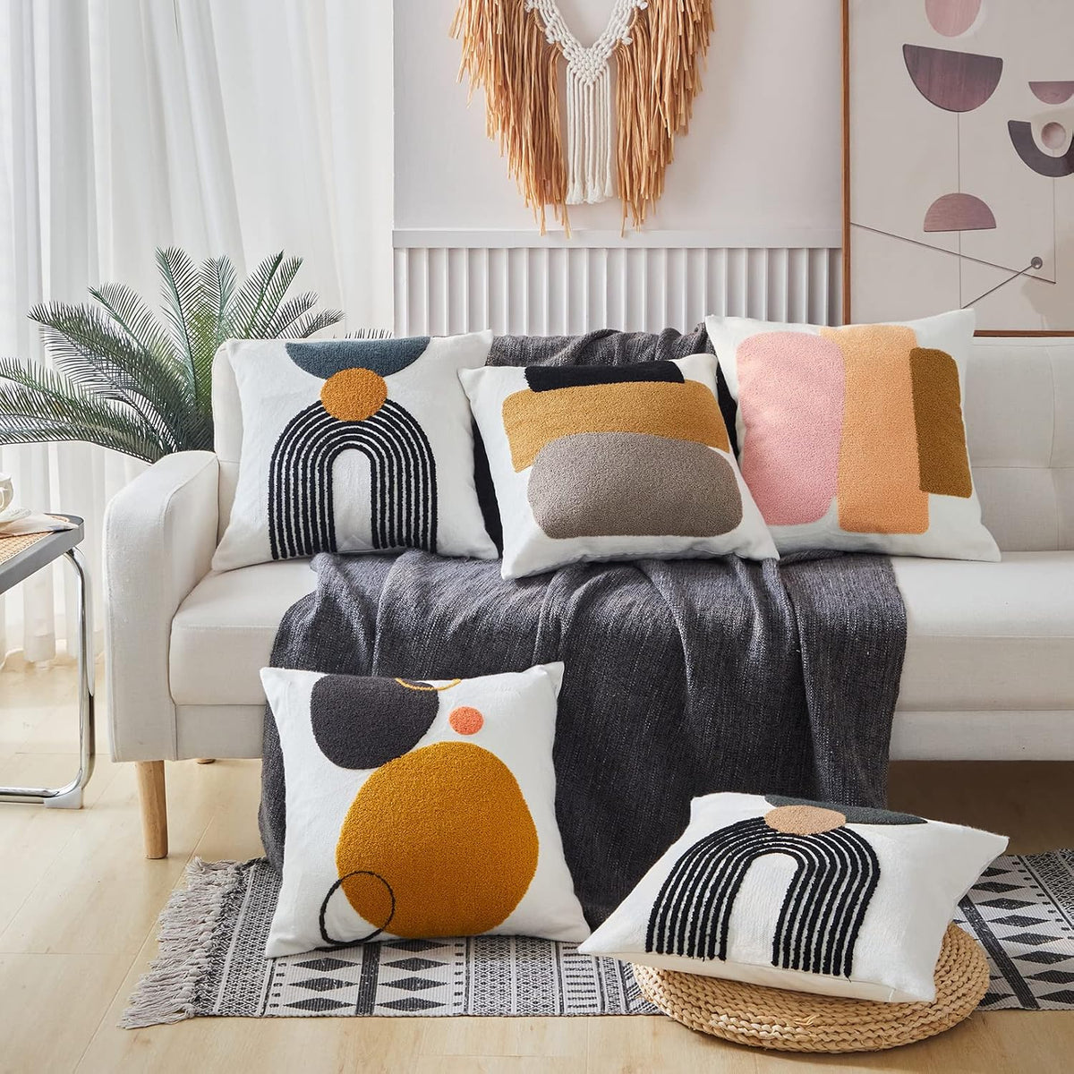 Modern Tufted Chic Pillowcase,Simple Soft Aesthetic Boho Throw Pillow Covers 18x18,Colorful Bohemian Embroidered Sham for Indoor Bed Home Living Room-1 Pcs(Pink Brown Peach)