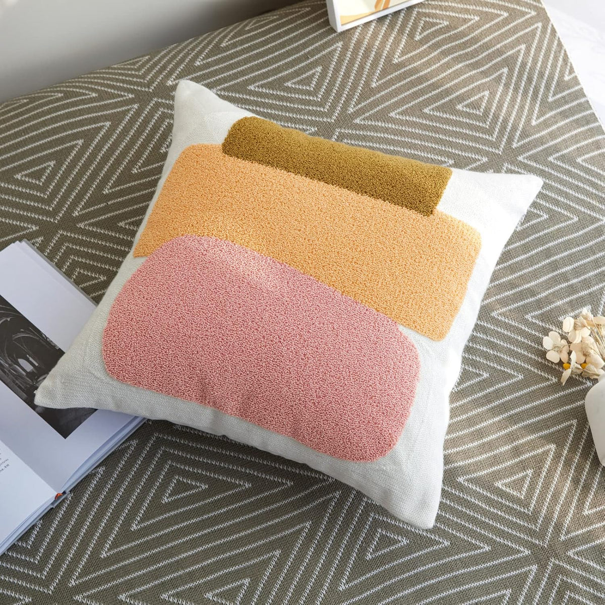 Modern Tufted Chic Pillowcase,Simple Soft Aesthetic Boho Throw Pillow Covers 18x18,Colorful Bohemian Embroidered Sham for Indoor Bed Home Living Room-1 Pcs(Pink Brown Peach)