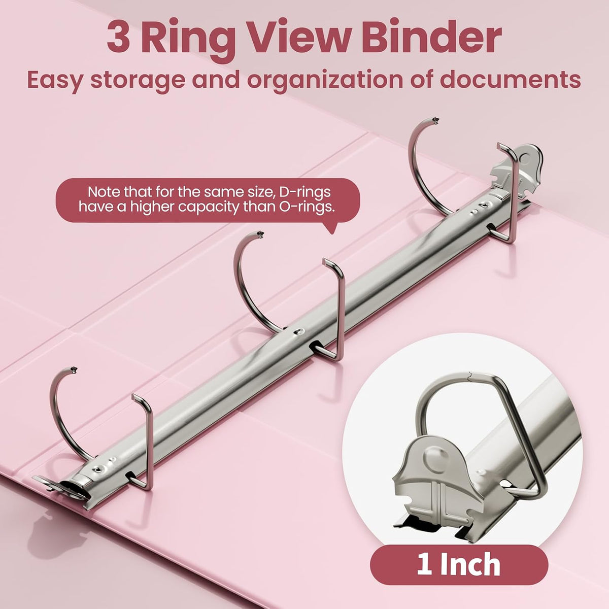 3 Ring Binder, 1 Inch D Ring, Clear View PVC-Free (Fit 8.5x11 Inches), Pink, 1 Pack