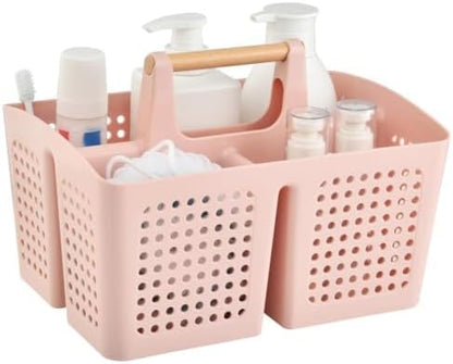Portable Shower Caddy Basket with 3 Compartments and Handle, Pink