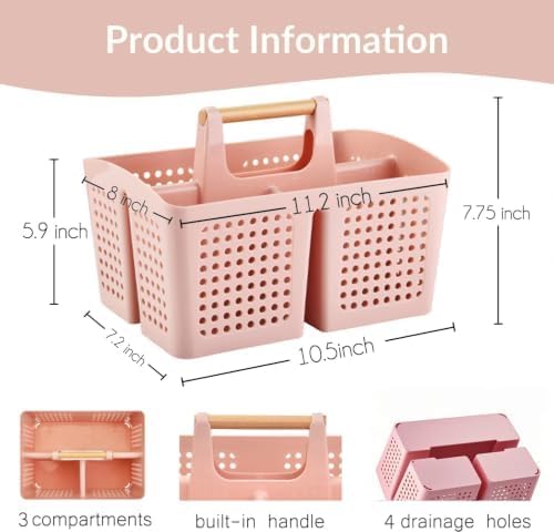 Portable Shower Caddy Basket with 3 Compartments and Handle, Pink