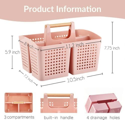 Portable Shower Caddy Basket with 3 Compartments and Handle, Pink