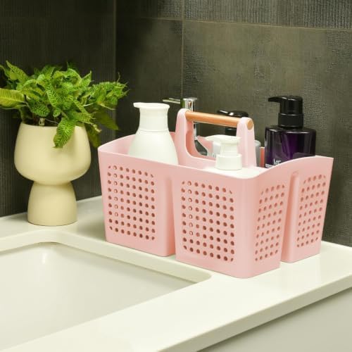 Portable Shower Caddy Basket with 3 Compartments and Handle, Pink