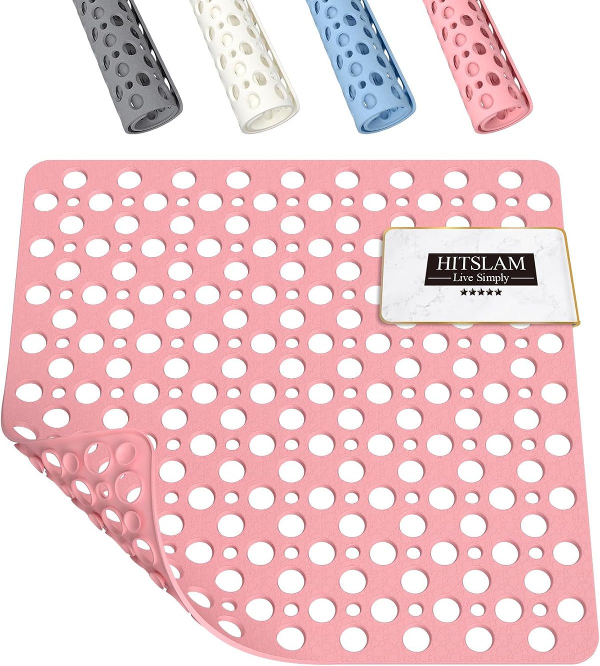 Shower Mat Anti Slip, 21x21 Inch No Odor Soft TPE Bathroom Shower Stall Floor Mat, Square Bath Mat for Tub Non Slip with Suction Cups and Drain Holes, Machine Washable, Soft on Feet, Pink