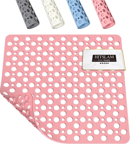 Shower Mat Anti Slip, 21x21 Inch No Odor Soft TPE Bathroom Shower Stall Floor Mat, Square Bath Mat for Tub Non Slip with Suction Cups and Drain Holes, Machine Washable, Soft on Feet, Pink