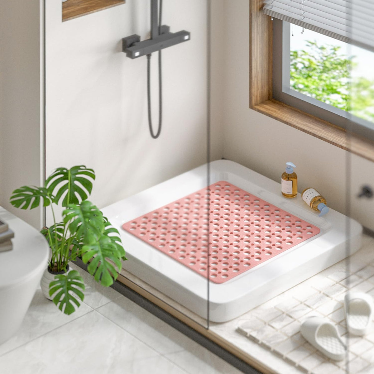 Shower Mat Anti Slip, 21x21 Inch No Odor Soft TPE Bathroom Shower Stall Floor Mat, Square Bath Mat for Tub Non Slip with Suction Cups and Drain Holes, Machine Washable, Soft on Feet, Pink