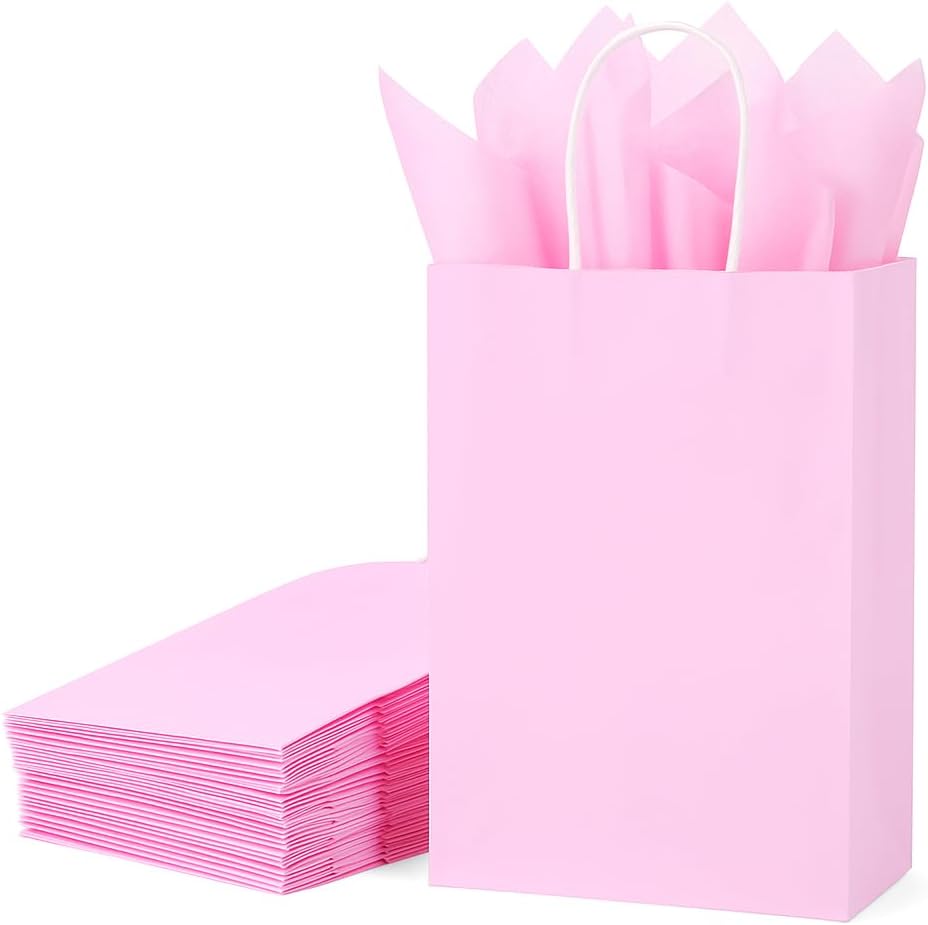24-Pack Pink Gift Bags with Handles, 8" Small Kraft Paper Goodie Bags, Includes Tissue Paper for Baby Showers, Birthdays, Bridal Showers