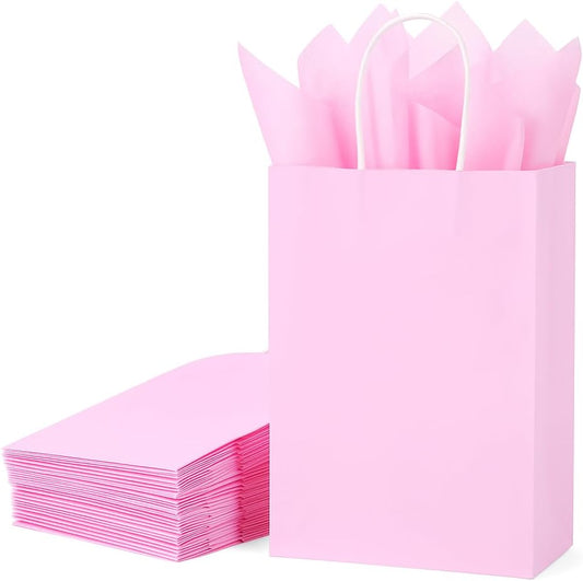 24-Pack Pink Gift Bags with Handles, 8" Small Kraft Paper Goodie Bags, Includes Tissue Paper for Baby Showers, Birthdays, Bridal Showers