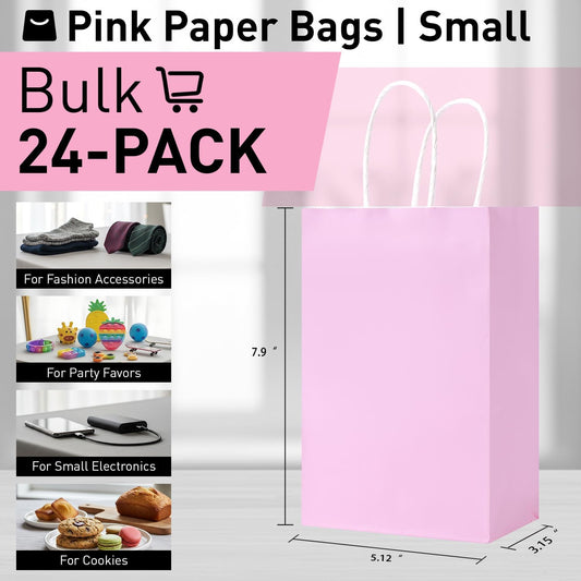 24-Pack Pink Gift Bags with Handles, 8" Small Kraft Paper Goodie Bags, Includes Tissue Paper for Baby Showers, Birthdays, Bridal Showers