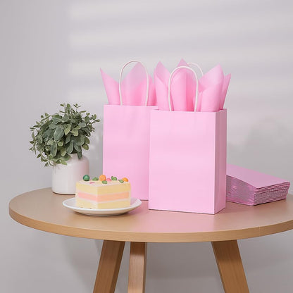 24-Pack Pink Gift Bags with Handles, 8" Small Kraft Paper Goodie Bags, Includes Tissue Paper for Baby Showers, Birthdays, Bridal Showers
