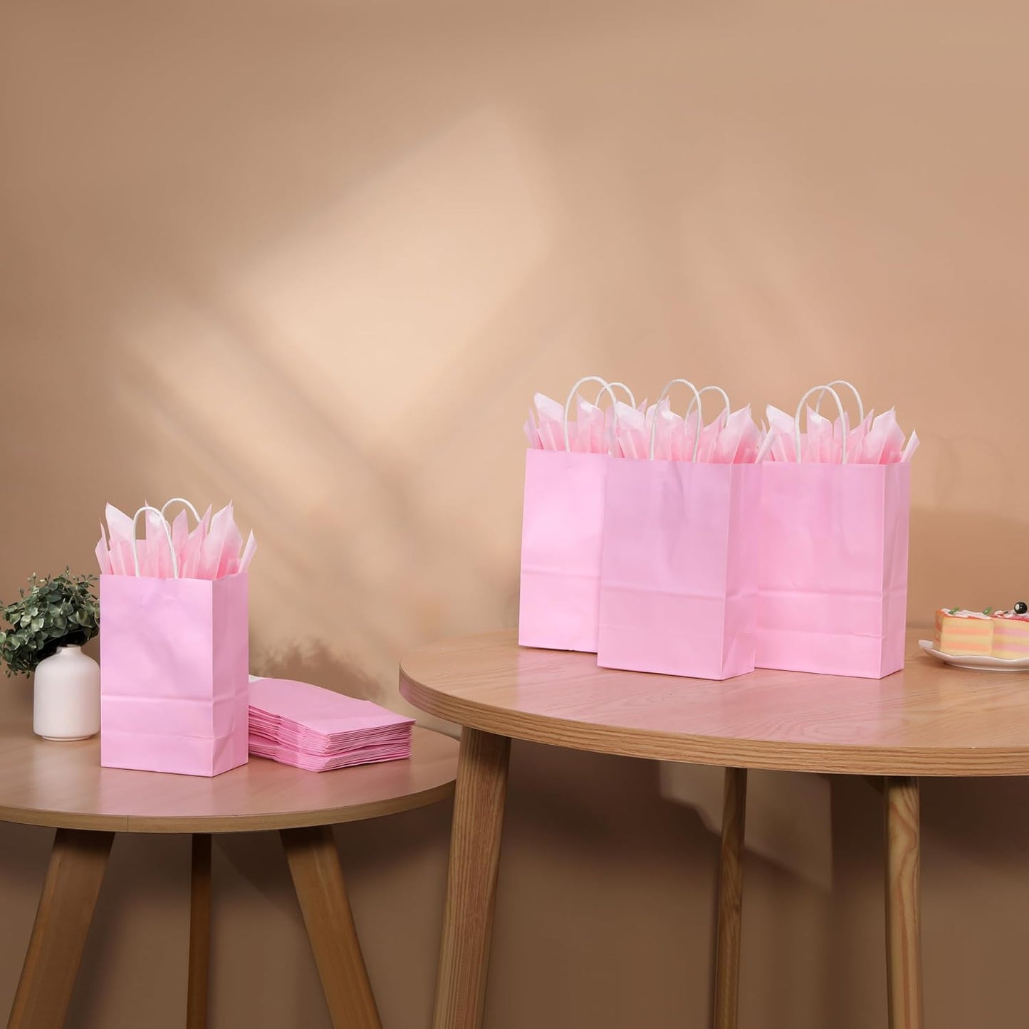 24-Pack Pink Gift Bags with Handles, 8" Small Kraft Paper Goodie Bags, Includes Tissue Paper for Baby Showers, Birthdays, Bridal Showers