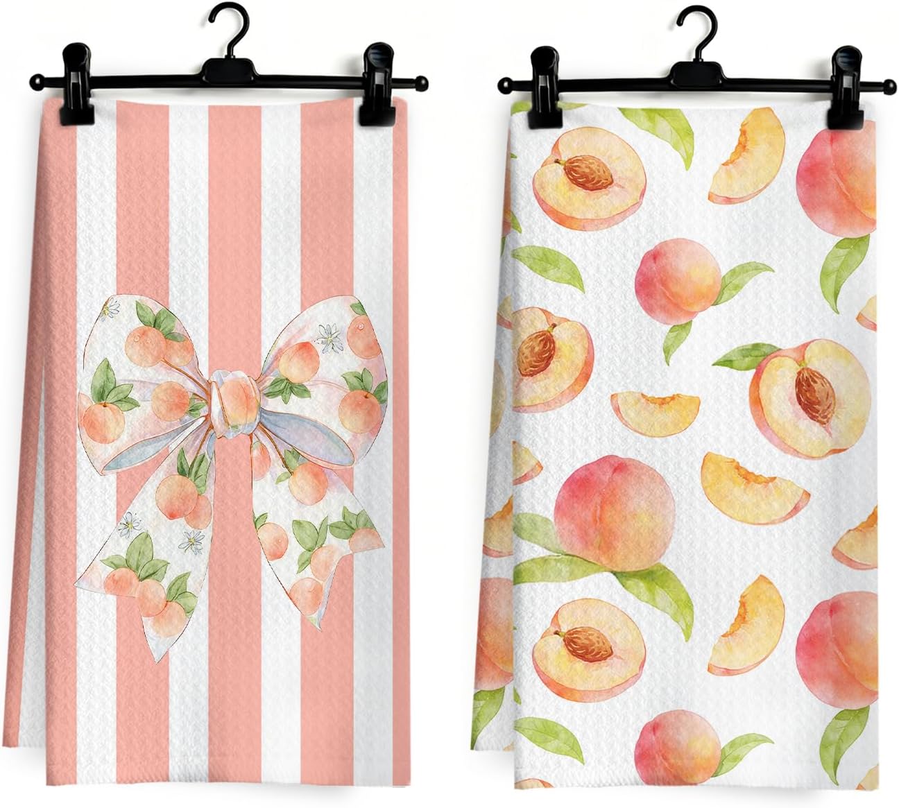 Coquette Bow Peach Kitchen Dish Towels, Peach Themed Gifts, Pink Striped Summer Fruit Bow Hand Tea Towels for Kitchen Bathroom Decor, 16x24 Inch Set of 2