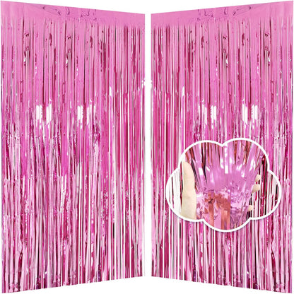 Pink Fringe Backdrop 3.3x8.2ft, 2 Pack Foil Tinsel Curtains Decor