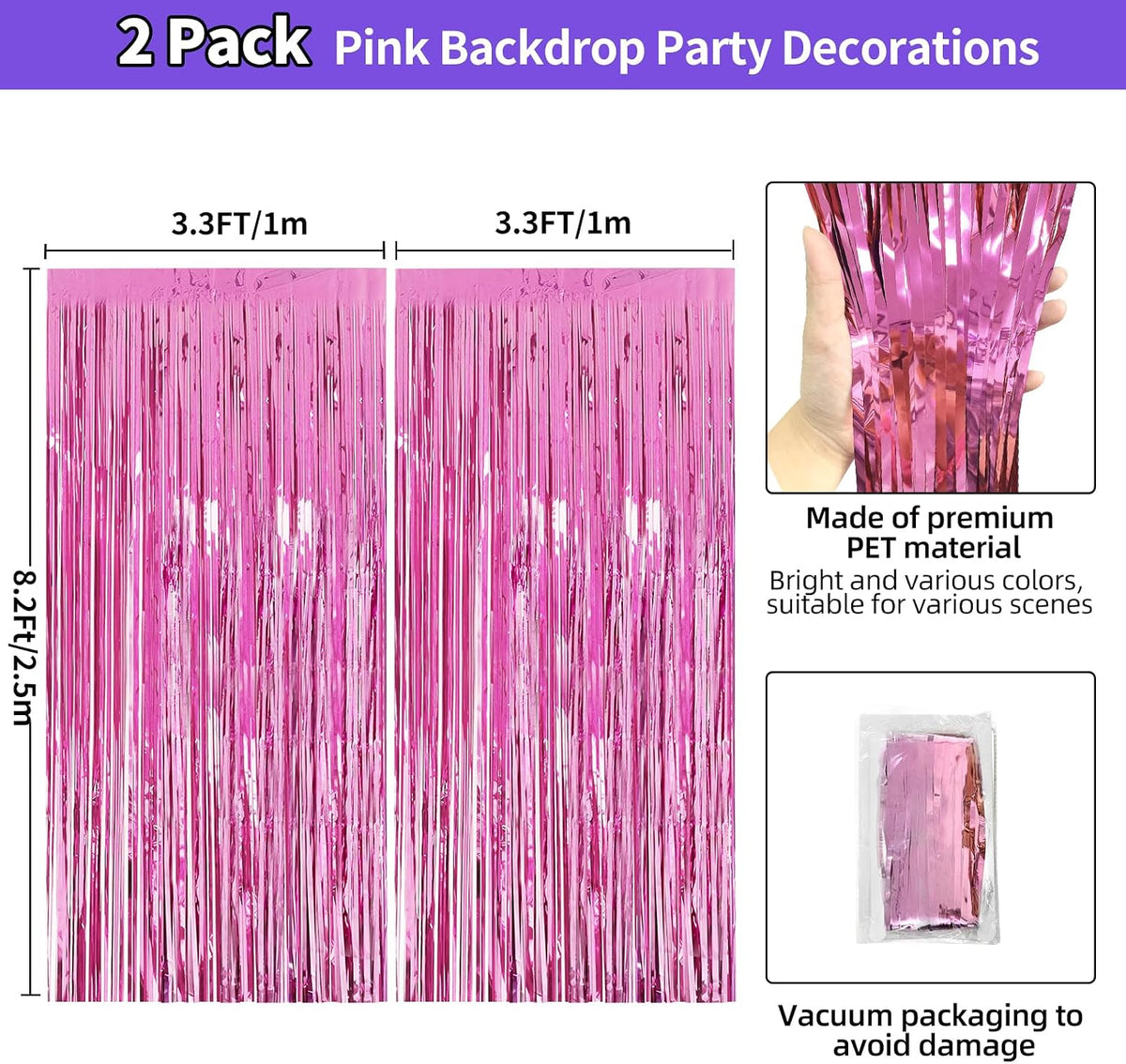 Pink Fringe Backdrop 3.3x8.2ft, 2 Pack Foil Tinsel Curtains Decor