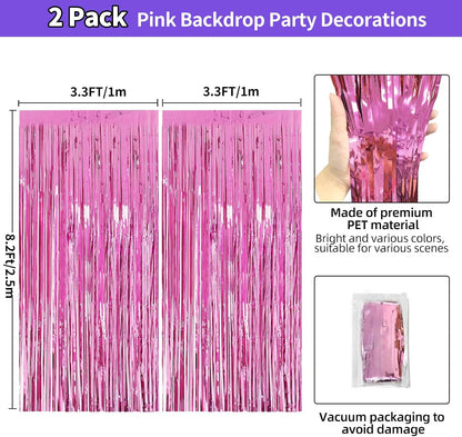 Pink Fringe Backdrop 3.3x8.2ft, 2 Pack Foil Tinsel Curtains Decor