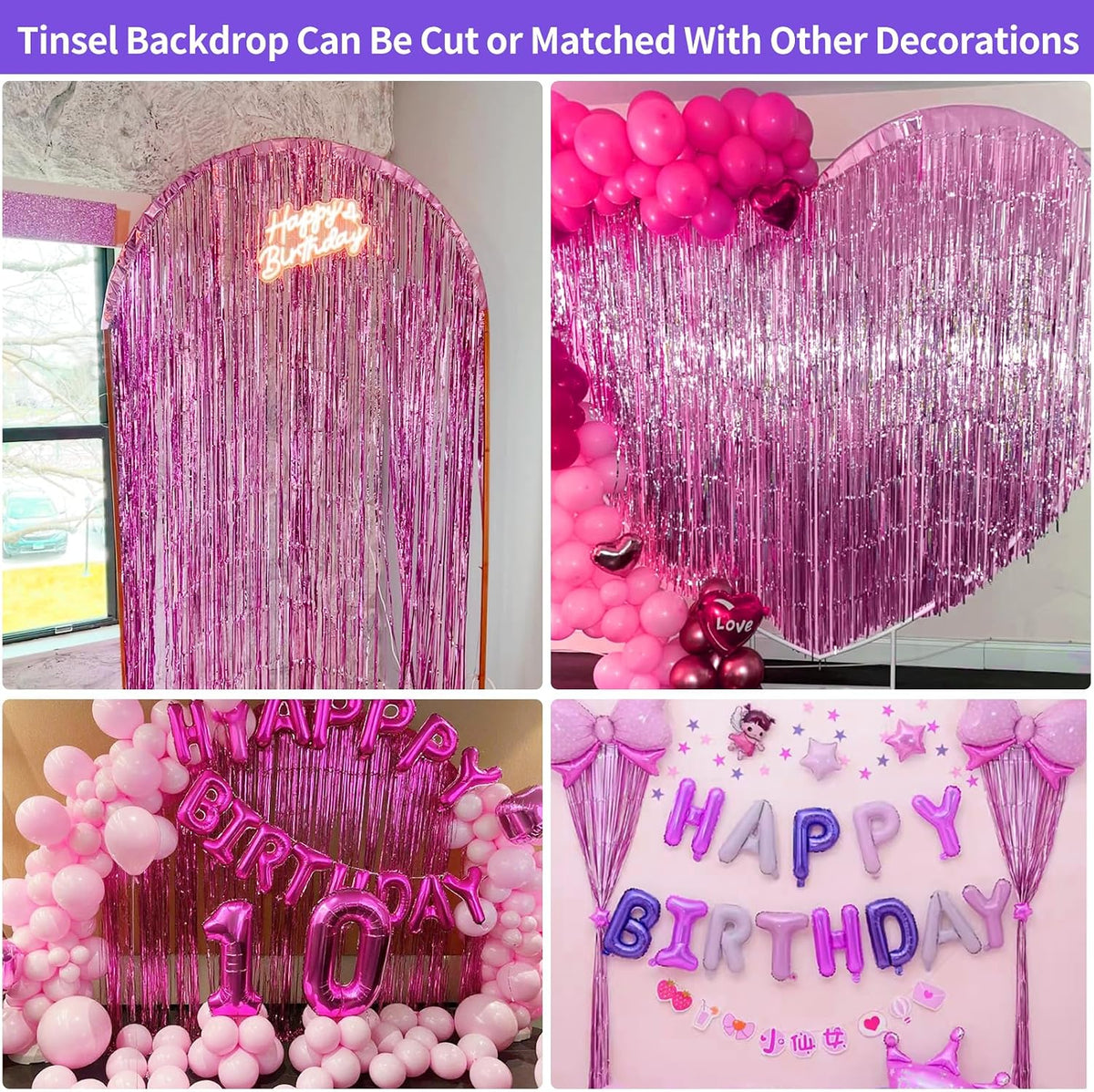 Pink Fringe Backdrop 3.3x8.2ft, 2 Pack Foil Tinsel Curtains Decor