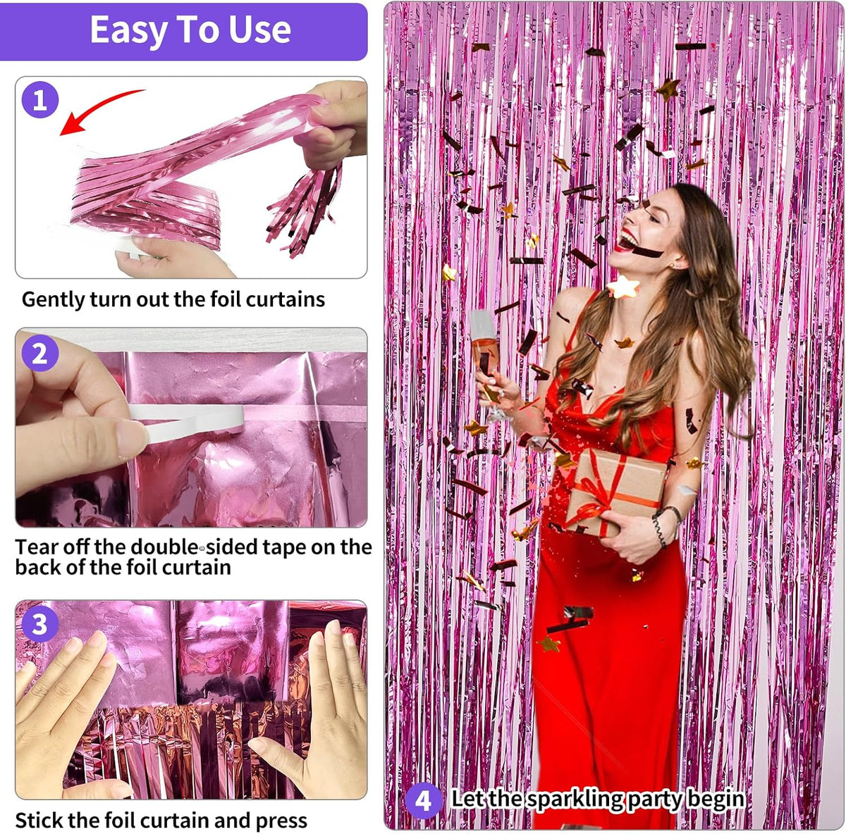 Pink Fringe Backdrop 3.3x8.2ft, 2 Pack Foil Tinsel Curtains Decor