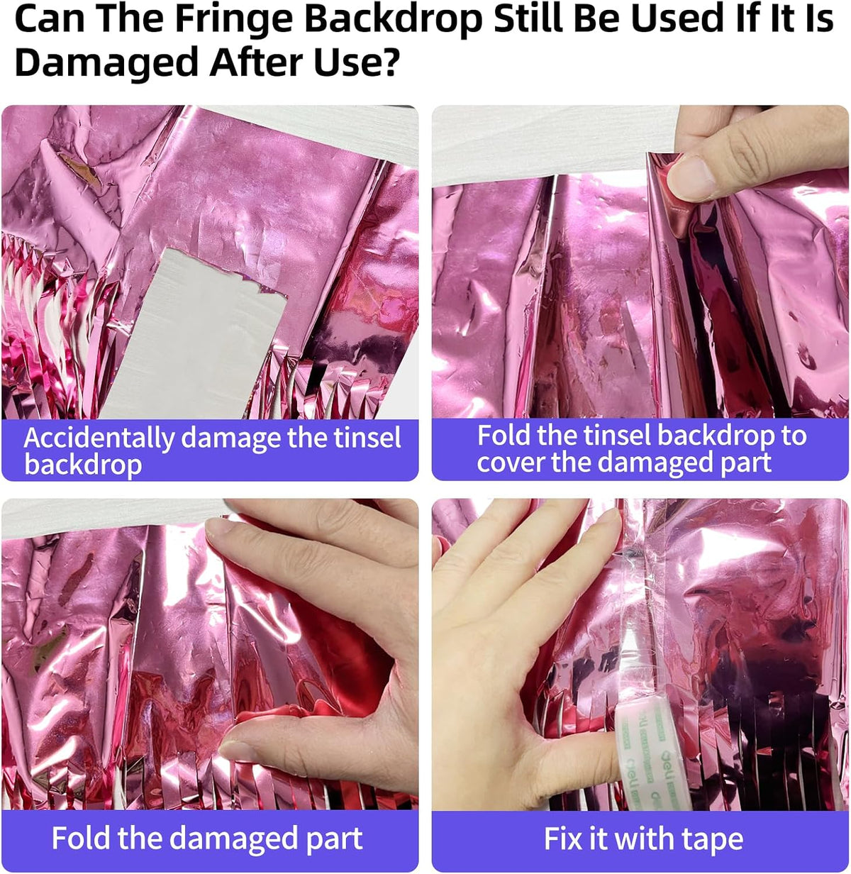 Pink Fringe Backdrop 3.3x8.2ft, 2 Pack Foil Tinsel Curtains Decor