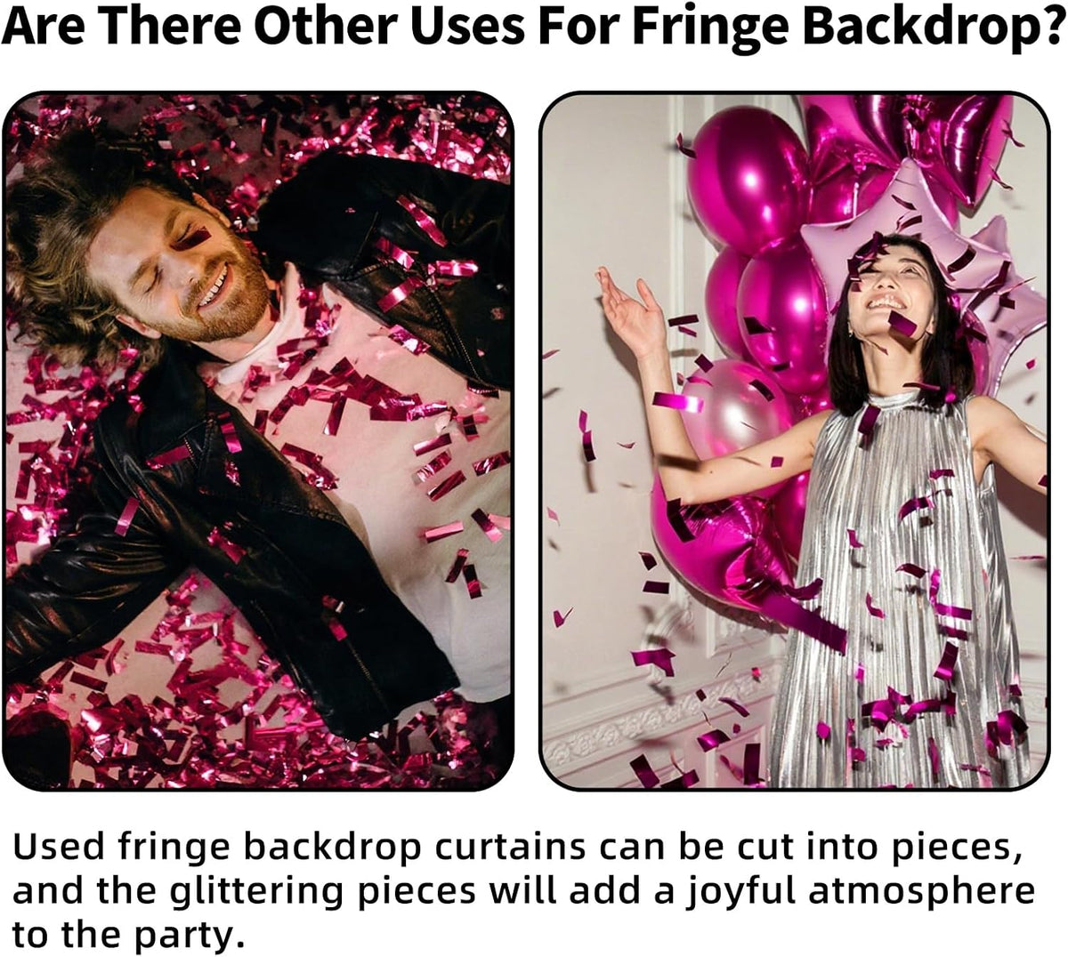 Pink Fringe Backdrop 3.3x8.2ft, 2 Pack Foil Tinsel Curtains Decor