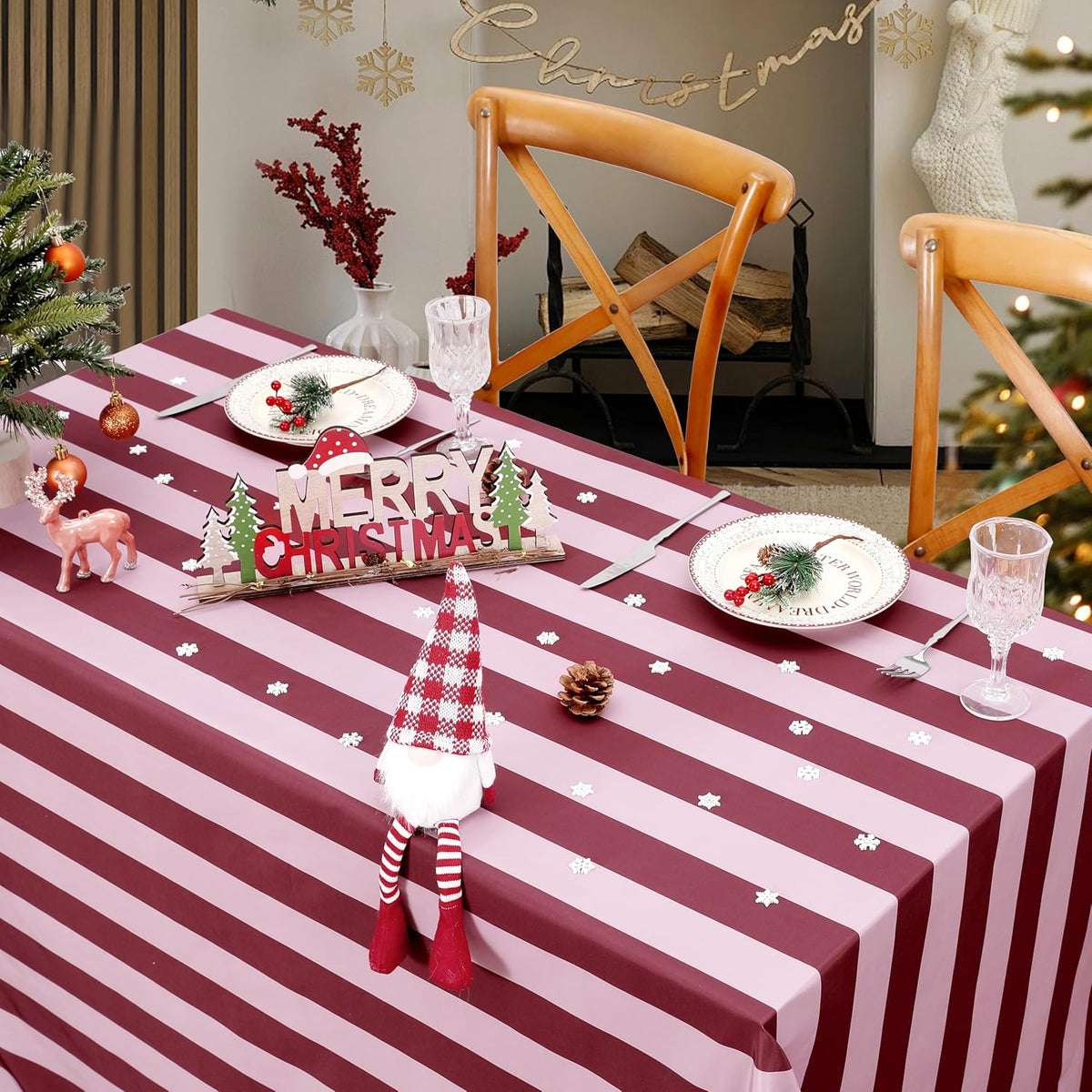 Red and Pink Striped Rectangle Tablecloth 57x120 Inch Wedding Decor
