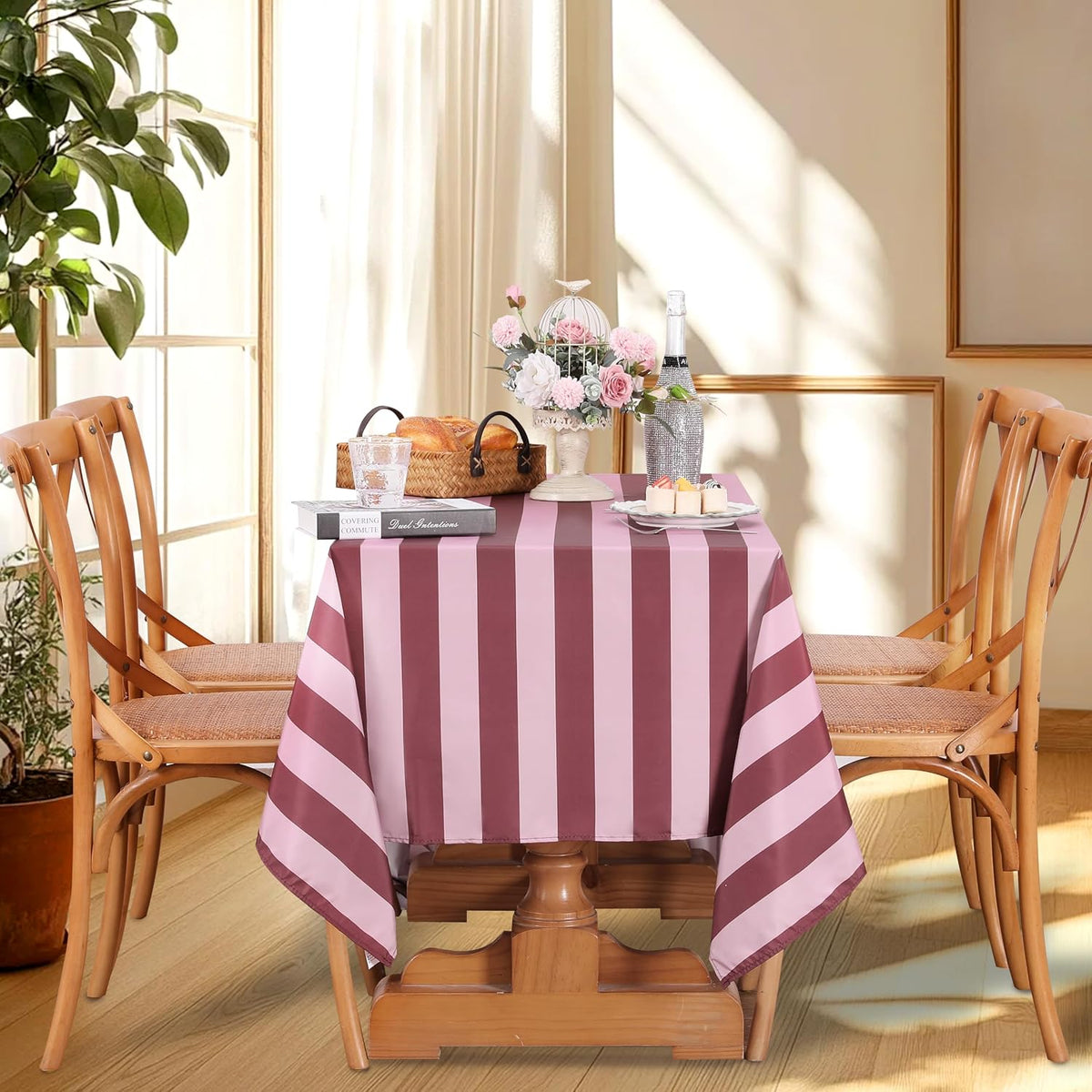 Red and Pink Striped Rectangle Tablecloth 57x120 Inch Wedding Decor