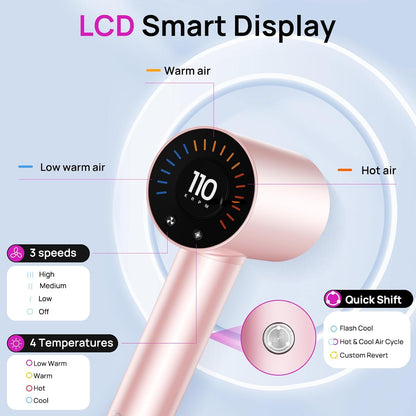 Hair Dryer, 110000 RPM Fast Drying Blow Dryer with Magnetic Diffuser and Concentrator, Professional Lightweight Ionic Hair Dryer for Women and Men Pink