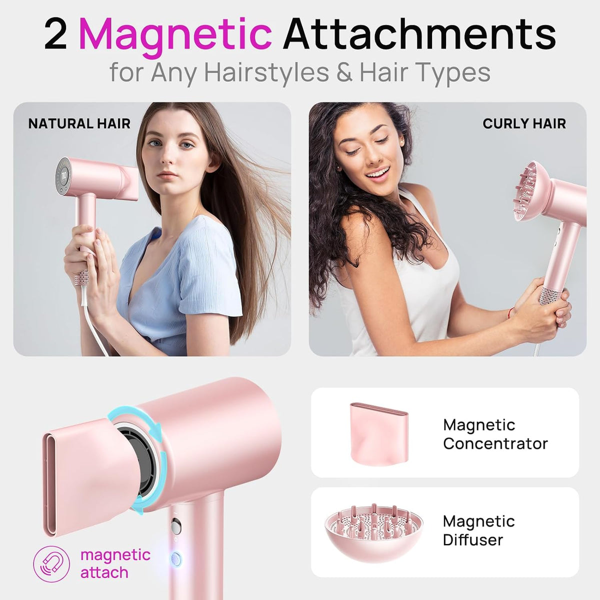 Hair Dryer, 110000 RPM Fast Drying Blow Dryer with Magnetic Diffuser and Concentrator, Professional Lightweight Ionic Hair Dryer for Women and Men Pink