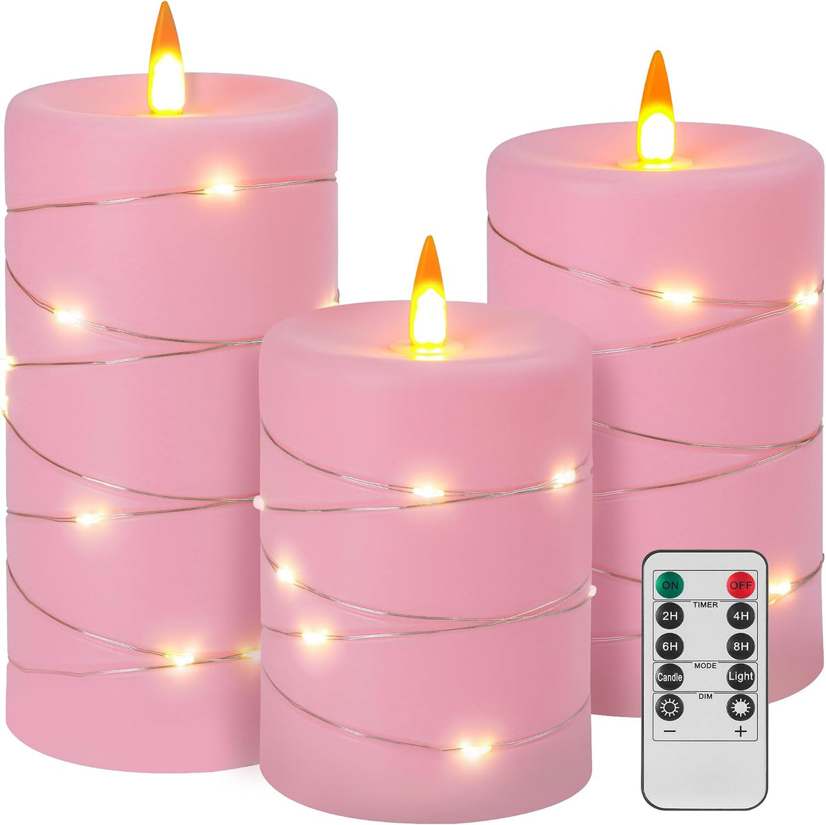 Rose Pink Flameless Candles with String Lights Battery Operated Flickering LED Pillar Candles with Remote Control Timer, Set of 3 for Living Room, Table Décor, Christmas Weddings