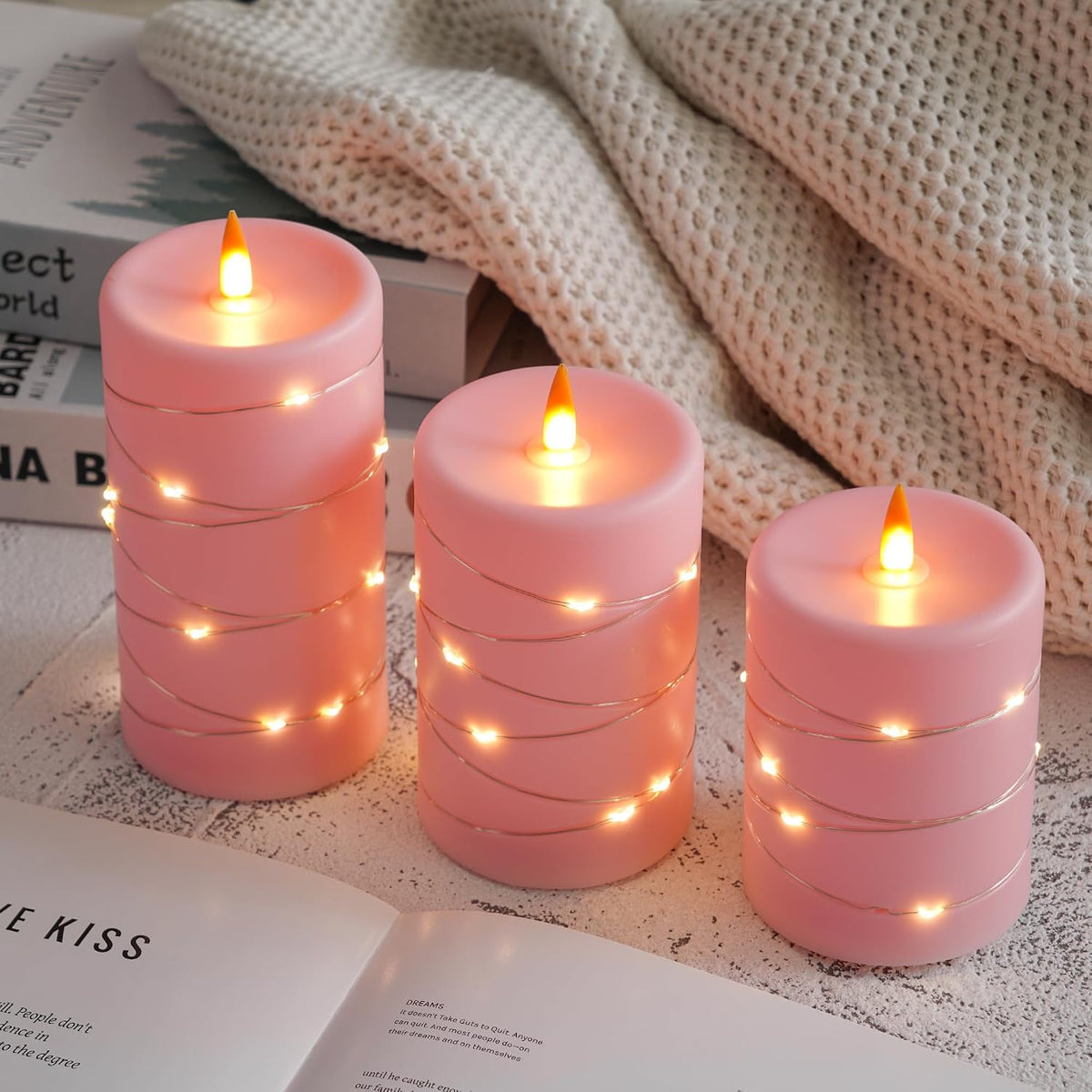 Rose Pink Flameless Candles with String Lights Battery Operated Flickering LED Pillar Candles with Remote Control Timer, Set of 3 for Living Room, Table Décor, Christmas Weddings